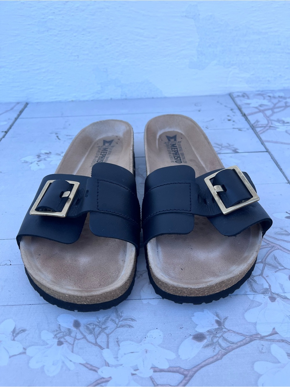 Mephisto Black Slide Sandals with Gold Buckles - Picture 2 of 6
